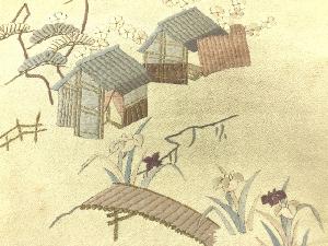 アンティーク　家屋風景模様刺繍名古屋帯